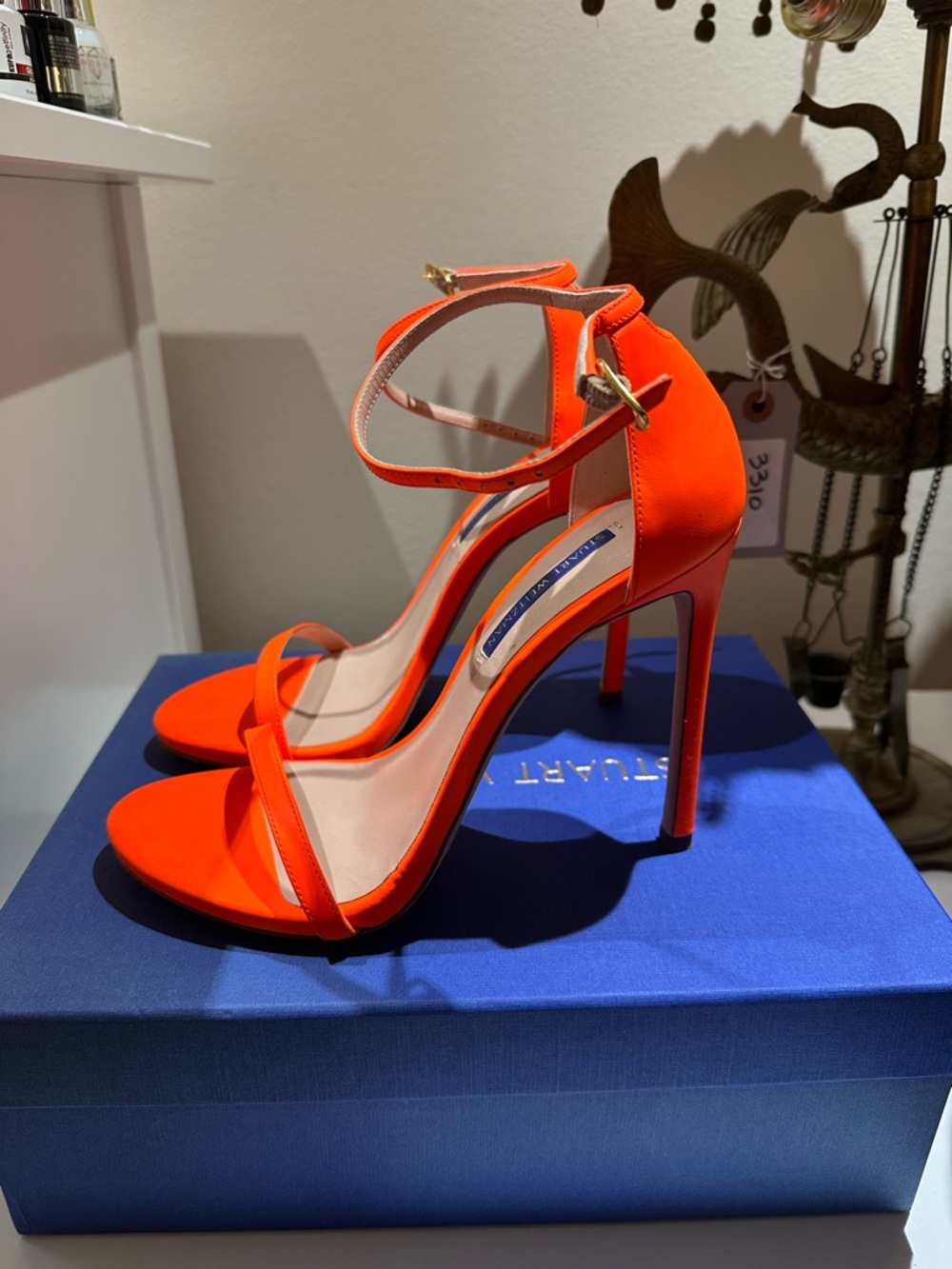Stuart Weitzman Nudists Neon Orange Ankle-Strap Stiletto Sandals 8.5